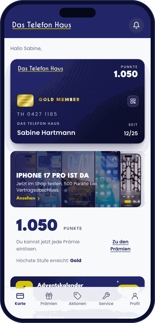 Die App von Das Telefon Haus mit Kundenkarte, Punktestand und Aktionen